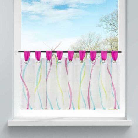 Disc curtain Transparent voile bistro curtain with belt loops, wave pattern H / W 60/120 cm, colored pink