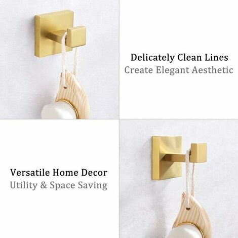 Bath Towel Hook, SUS304 Stainless Steel Shower Towel Holder, Bathroom Robe Hook, Kitchen Dish Towel Hanger, Square Coat Hook, Single Robe Hook for Cabinet Wall Mount, Brushed Gold