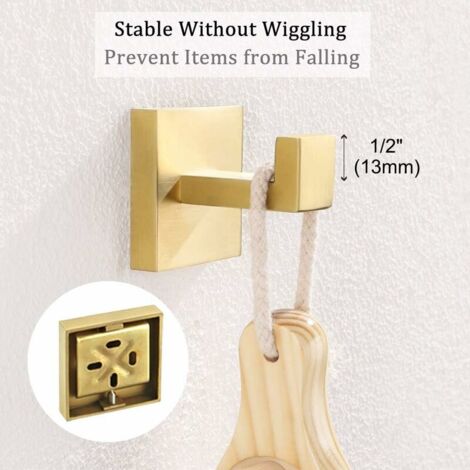 Bath Towel Hook, SUS304 Stainless Steel Shower Towel Holder, Bathroom Robe Hook, Kitchen Dish Towel Hanger, Square Coat Hook, Single Robe Hook for Cabinet Wall Mount, Brushed Gold