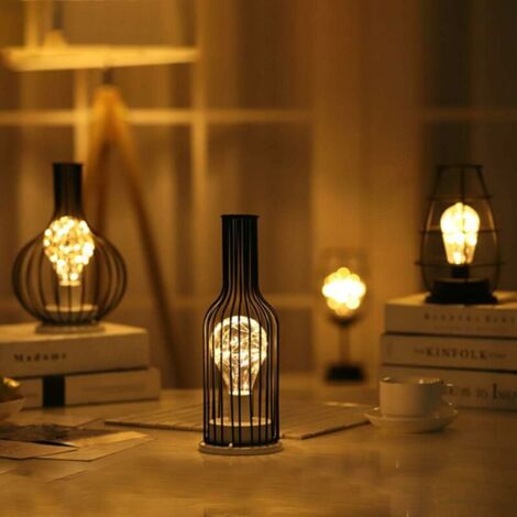 Modern Iron Black Metal Wire Table Lamp - Cage Style - Retro Bedside Lamp - Battery Operated - For Bedroom ， 2