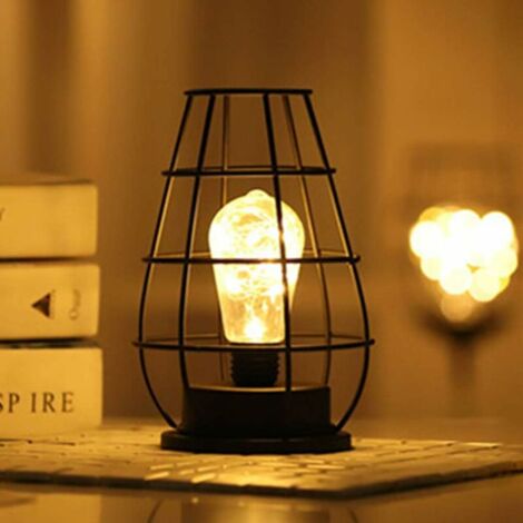 Modern Iron Black Metal Wire Table Lamp - Cage Style - Retro Bedside Lamp - Battery Operated - For Bedroom ， 2