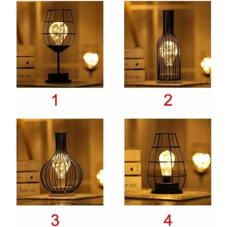 Modern Iron Black Metal Wire Table Lamp - Cage Style - Retro Bedside Lamp - Battery Operated - For Bedroom ， 2