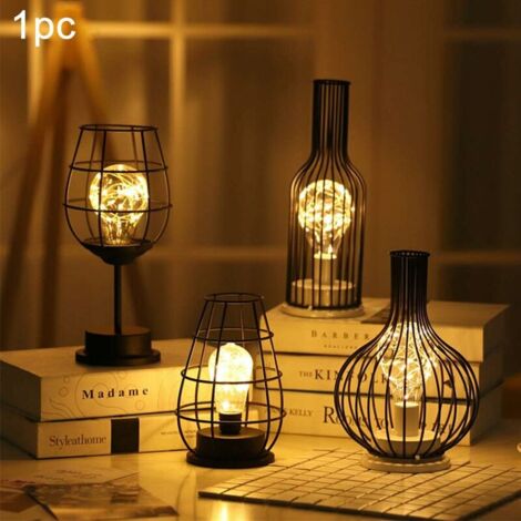 Modern Iron Black Metal Wire Table Lamp - Cage Style - Retro Bedside Lamp - Battery Operated - For Bedroom ， 2