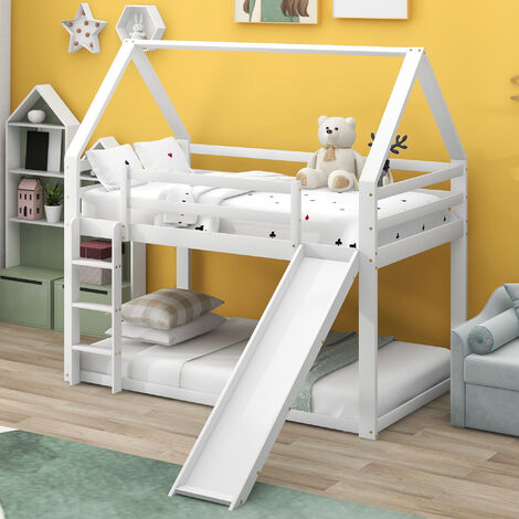 Lit simple lit enfant lit maison lit superposé avec toboggan et échelle, blanc, 90x200cm