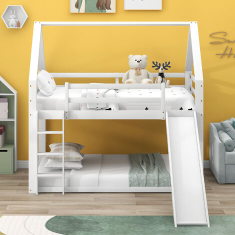 Lit simple lit enfant lit maison lit superposé avec toboggan et échelle, blanc, 90x200cm