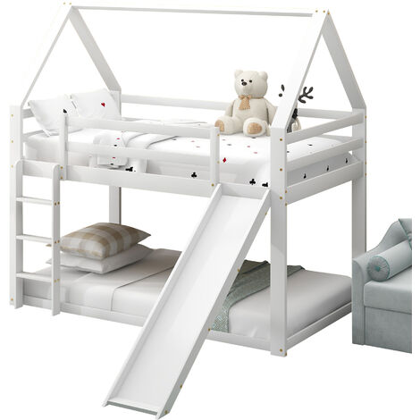 Lit simple lit enfant lit maison lit superposé avec toboggan et échelle, blanc, 90x200cm