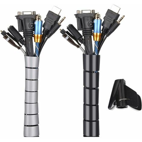 Cache Cable 2 Pack,Flexible Range Cable 2x3m PE Cable Rangement Organisateur de Cable pour Ranger ou Cacher les cables,Gaine pour cables(2.2cm  et 1.6cm),Noir et Gris