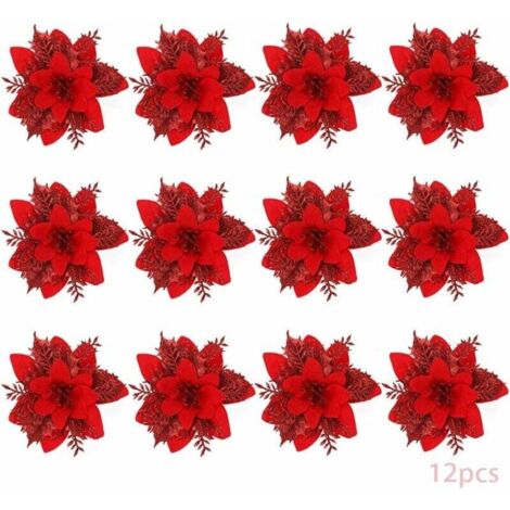 Fleurs de Noël, 12 Fleurs de Noël à Paillettes, Fleur de Noël à Paillettes Creuses, Poinsettia Arbre de Noël Fleurs Artificielles Décor Ornement, Décoration,Noël (Red-B) (1/5)