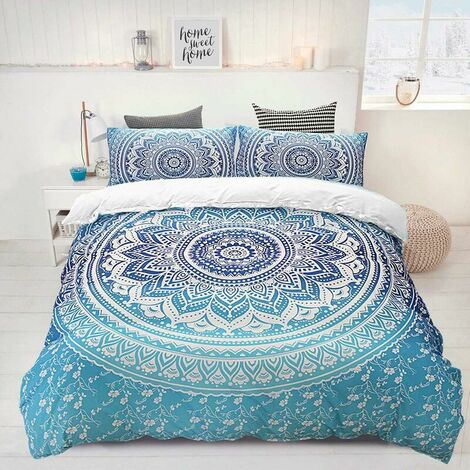 Parure de lit enfant Bohemian Parure de lit Bleu Mandala Housse de couette Lot de 3 pcs Ensemble de literie Housse de couette pour filles avec housse de couette avec ensemble de King size 2 Taie d'ore