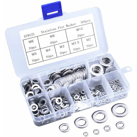 360PCS Rondelles Plates en Acier Inoxydable Assortiment Kit M2 M3 M4 M5 M6 M8 M10 (1/4)