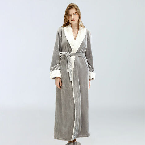 Peignoir Polaire Femme, Robe de Chambre Peignoir à Doux avec Poches Hiver Cadeau de Noël L Gris