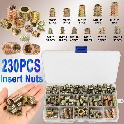 230 Pièces Alliage de Zinc Insert Fileté Hexagonale Écrous Inserts Fileté Insert Écrous Filetage Extérieur  pour Kit d'outils d'écrou pour Meubles en Bois (1/5)