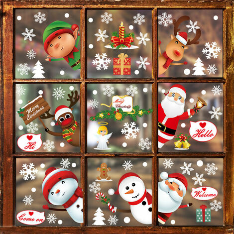 Noël Fenetre Stickers deco Pere Noel Autocollants decoration Interieur Maison Murale Flocon de Neige Renne Double Face Amovibles Statique 4 Feuilles, Multicolore, 21x29.5cm-F1+F2 (1/4)