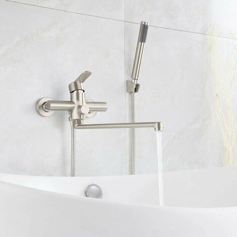 Robinet de Baignoire avec Douchette Mitigeur de Douche à Main Ronde Monocommande Mural en acier inoxydable brossé robinet de douche pour Salle de Bains( Longueur de Sortie : 35 Cm)