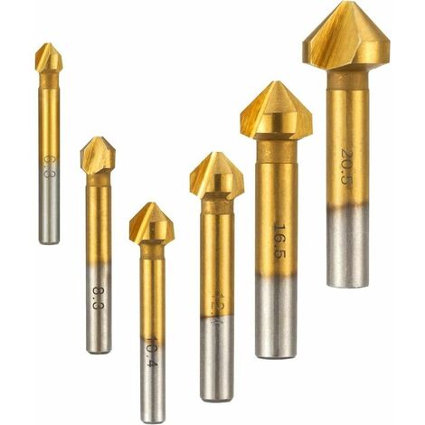 6 pièces fraise en noyer fraise conique 90° chanfrein HSS 6.3mm 8.3mm 10.4mm 12.4mm 16.5mm 20.5mm dents outil de revêtement en titane fraise cylindrique fraise pour bois métal PVC (1/5)