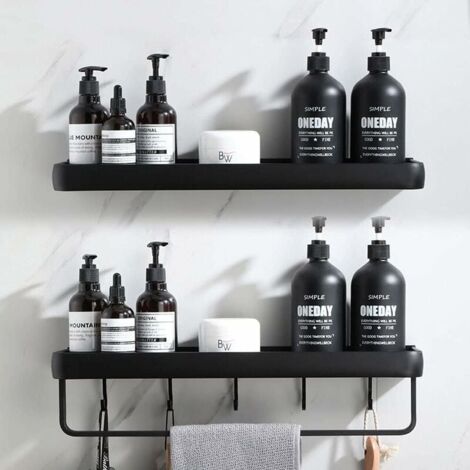 Shower Shelf without Drilling Bathroom Shelf with Towel Rail and Aluminum Hook Storage Shelf for Shower and Kitchen Set of 2 Black (1/5)