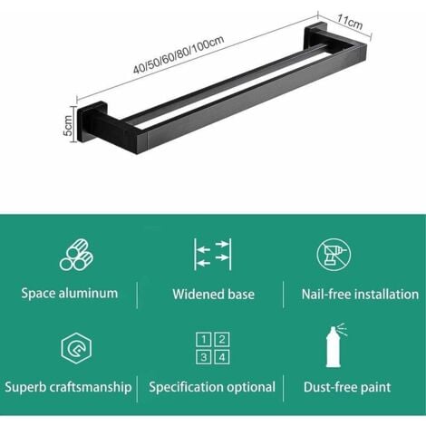 Matte Black Double Towel Bar Towel Rack Wall Mount Stainless Steel 2 Bars Bathroom Shelf Bathroom Accessories (Size : 60CM)575g