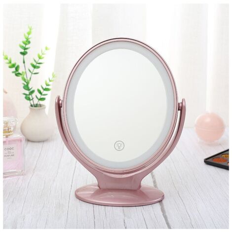 Double-Sided Magnifying Mirror Makeup Mirror with LED Lights, 360° Rotation, 3-Level Dimmable Touch Screen, USB Rechargeable, Illuminated Travel Mirror,Pink