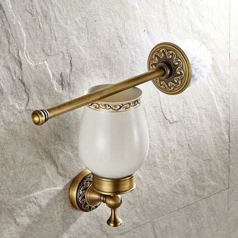 Bathroom Toilet Brush Holder Ceramic Retro Brass Toilet Brush Toilet Brush (Brush Included) Antique Brass Finish Bathroom Accessory Set Wall Mount（42x11cm）