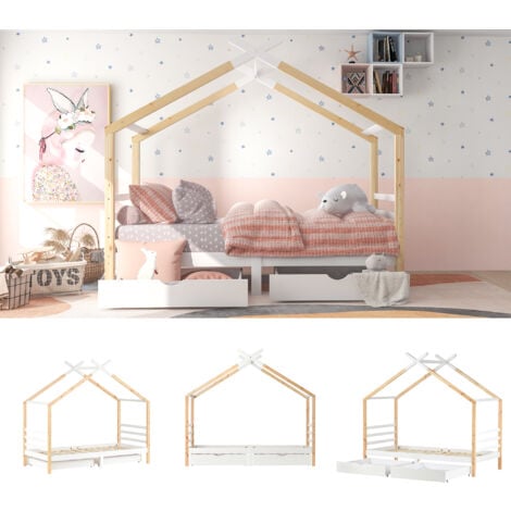 Kids Single Bed Frames Toddler Beds Storage Underneath 3FT Single Bed with Storage Solid Pine Wood House Tree Canopy Bed for Children Girls and Boys Toddler Bed (Wood)