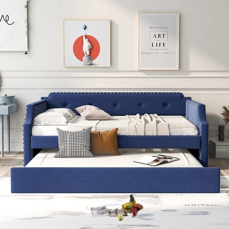 Twin Size Daybed with Trundle,Upholstered Frame Sofa Bed Built-in Ladder & Solid Slat Support for Bedroom No Box Spring Needed - Blue