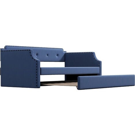 Twin Size Daybed with Trundle,Upholstered Frame Sofa Bed Built-in Ladder & Solid Slat Support for Bedroom No Box Spring Needed - Blue