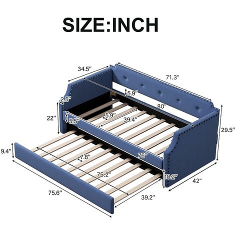Twin Size Daybed with Trundle,Upholstered Frame Sofa Bed Built-in Ladder & Solid Slat Support for Bedroom No Box Spring Needed - Blue