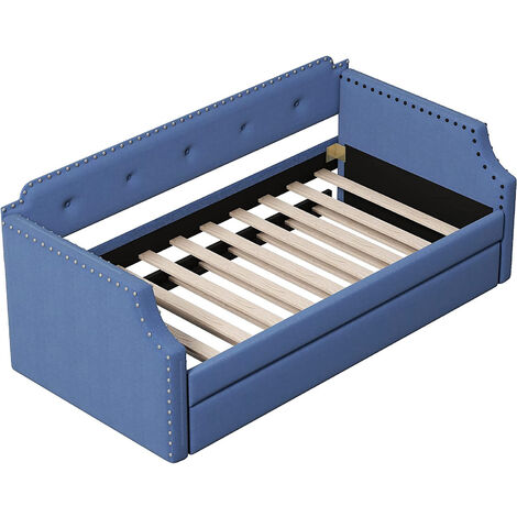 Twin Size Daybed with Trundle,Upholstered Frame Sofa Bed Built-in Ladder & Solid Slat Support for Bedroom No Box Spring Needed - Blue