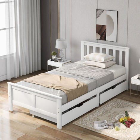 Twin Size Solid Pine Wood Platform Bed with 2 Storage Drawers (White 190x90cm)