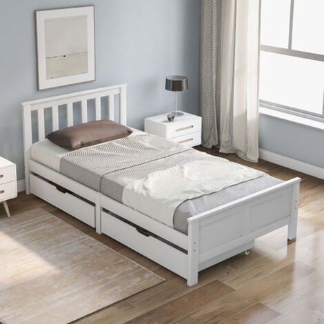 Twin Size Solid Pine Wood Platform Bed with 2 Storage Drawers (White 190x90cm)