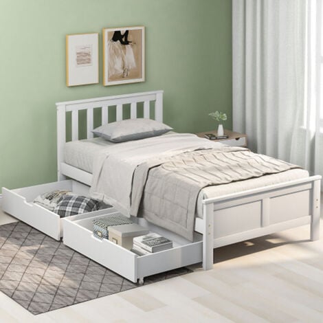 Twin Size Solid Pine Wood Platform Bed with 2 Storage Drawers (White 190x90cm)