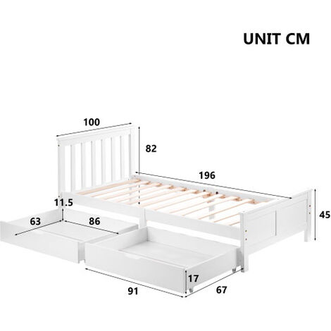 Twin Size Solid Pine Wood Platform Bed with 2 Storage Drawers (White 190x90cm)