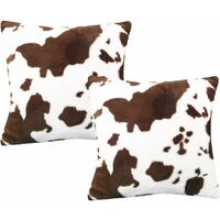 Set of 2 Cowhide Pattern Soft Plush Cushion Covers for Sofa Bed Car Couch Home Office 45x45cm Brown and White