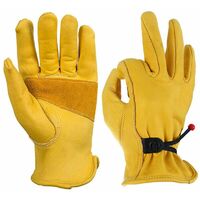 Safety Gardening Gloves with Work Grip, with Buckle and Wrist Adhesive Tape, 1 Pair in Cowhide Fiber-Yellow L