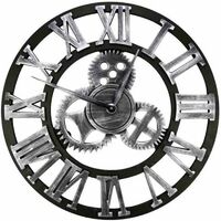 Large Vintage Style Wall Clock, Round, Metal, Silent, No Ticking, Battery Operated, 45cm, Black Roman Numerals, Living Room Clocks, Bedroom, Kitchen Decor Silver