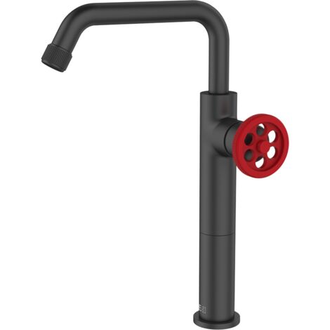 Essebagno Indus Waschbeckenmischer hoch schwarz und roter Griff