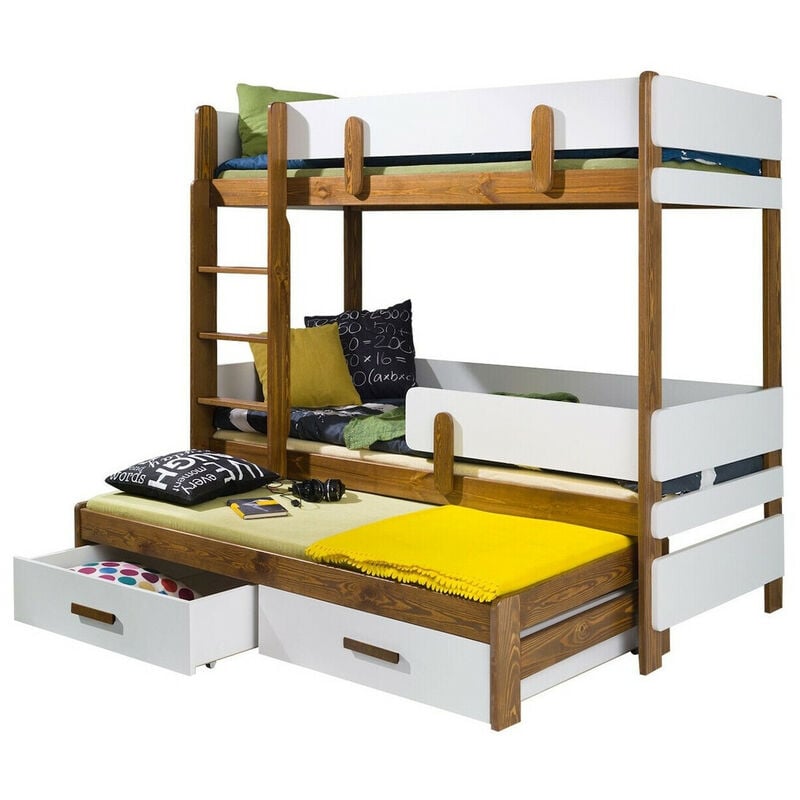 Litera individual sobre matrimonial/individual con estantes y cajones de  almacenamiento, cama inferior convertible de madera para dormitorio (blanco)