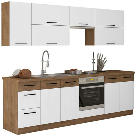 Conjunto de cocina modular Wood White 138 , 260x52cm, Encimera, Aglomerado laminado, LED (1/5)