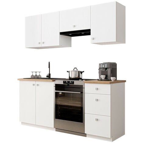 Cocina completa - 180 cm - 6 compartimentos - Blanco y roble - TRATTORIA