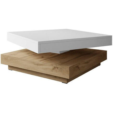 Mesa de centro convertible Comfivo 385, Roble wotan + Blanco, 34x70x70cm, Diámetro: 0, Aglomerado laminado, Angular