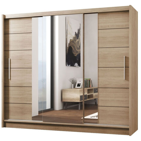 Armario Honolulu 119, Roble Sonoma, 215x250x61cm, Puertas de armario: Correderas, Número de estantes: 8