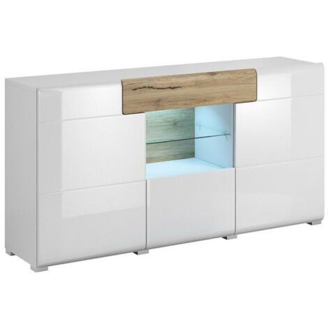 Cómoda Torsone 108, Blanco + Blanco brillante + Roble sanremo, Con cajones y puertas, Número de cajones: 0, 84x159x40cm (1/4)