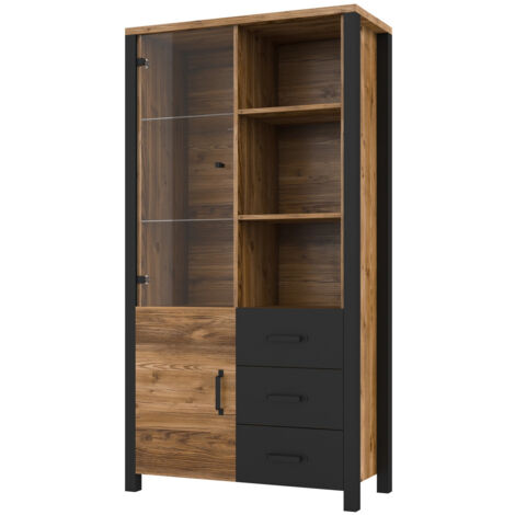 Estantería Tornua 102, Abeto oscuro + Negro mate, Con puertas, Cerrable, Con cajones, Aglomerado laminado, Vidrio, Número de puertas: 2, Número de cajones: 3, 191x101x43cm (1/5)