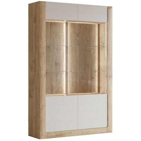Estantería Sovera 102, Roble dorado + Cachemira, Con puertas, Cerrable, Aglomerado laminado, Vidrio, MDF, Número de puertas: 2, Número de cajones: 0, 200x129x41cm (1/4)