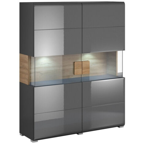 Estantería Torsone 107, Antracita + Gloss antracita + Roble nieto, Cerrable, Con puertas, Aglomerado laminado, Vidrio, Número de puertas: 2, Número de cajones: 0, 152x122x39cm (1/4)