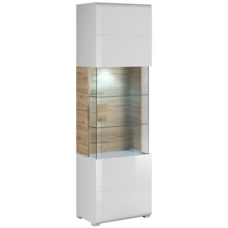 Estantería Torsone 103, Blanco + Blanco brillante + Roble sanremo, Cerrable, Con puertas, Aglomerado laminado, Vidrio, Número de puertas: 1, Número de cajones: 0, 204x61x39cm (1/4)
