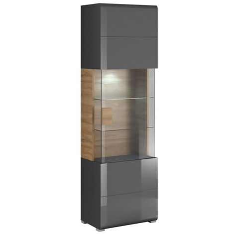 Estantería Torsone 103, Antracita + Gloss antracita + Roble nieto, Cerrable, Con puertas, Aglomerado laminado, Vidrio, Número de puertas: 1, Número de cajones: 0, 204x61x39cm (1/3)
