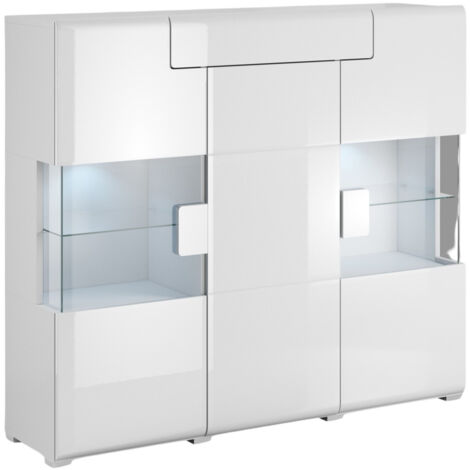 Aparador Torsone 100, Blanco + Blanco brillante, 132x147cm, Número de puertas: 339cm, Aglomerado laminado, Vidrio (1/5)