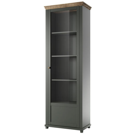 Estantería Tolnue 101, Verde oscuro + Roble de lefkada, Con puertas, Cerrable, Aglomerado laminado, Vidrio, MDF, Número de puertas: 1, Número de cajones: 0, 200x71x42cm (1/5)