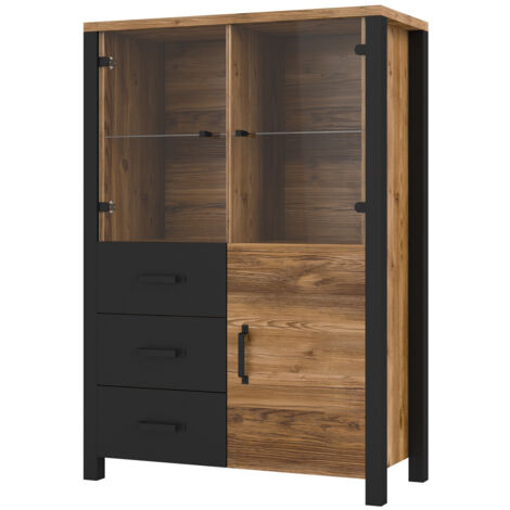 Estantería Tornua 105, Abeto oscuro + Negro mate, Con puertas, Cerrable, Con cajones, Aglomerado laminado, Vidrio, Número de puertas: 3, Número de cajones: 3, 146x101x43cm (1/5)